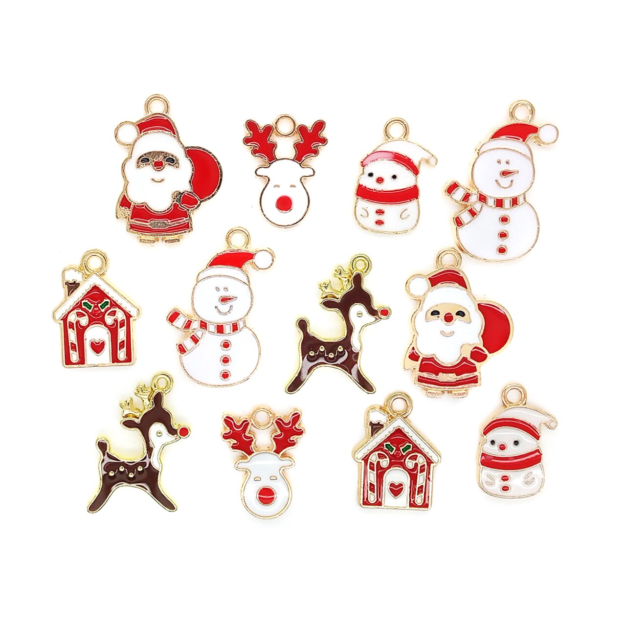 Christmas Charms Mix, 12 pieces, Holiday Themed Metal & Enamel Charms, 6 Pairs, Adorabilities